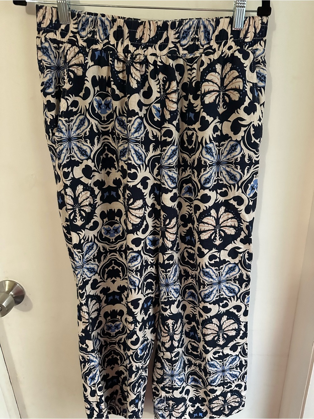 Rachel Zoe Linen Blend Pants Women L Blue Cream Floral Print Pull On Wide Leg